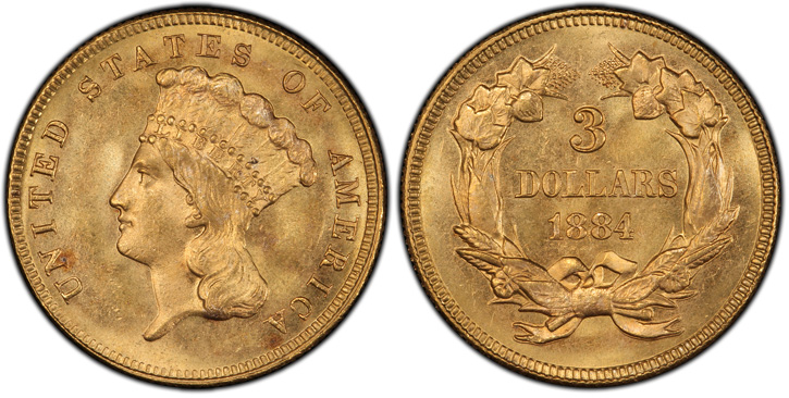 1884 Three-Dollar Gold Piece. MS-66 (PCGS).